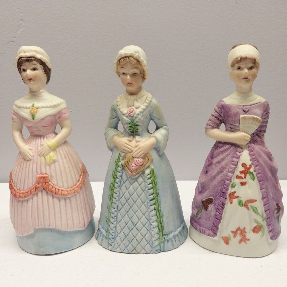 Vintage Lady Bell Figurines Lot of 3 Victorian Colonial Women Porcelain Ceramic